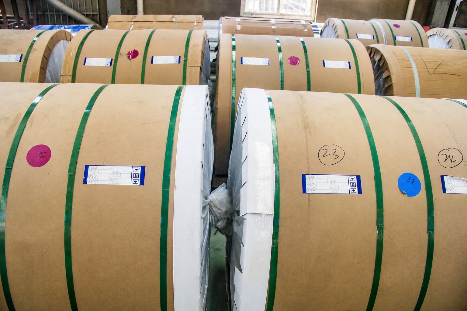 Packaged incoming aluminium coils stored before production